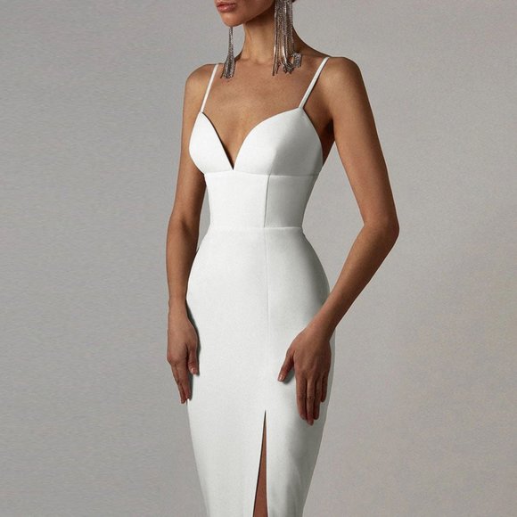 White Strappy Sleeveless Slit Midi Bandage Dress - Picture 2 of 6